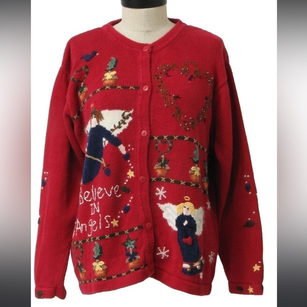Vintage Quacker Factory Red Angels Festive‎ Chunky Knit Cardigan Grandma Grandpa
